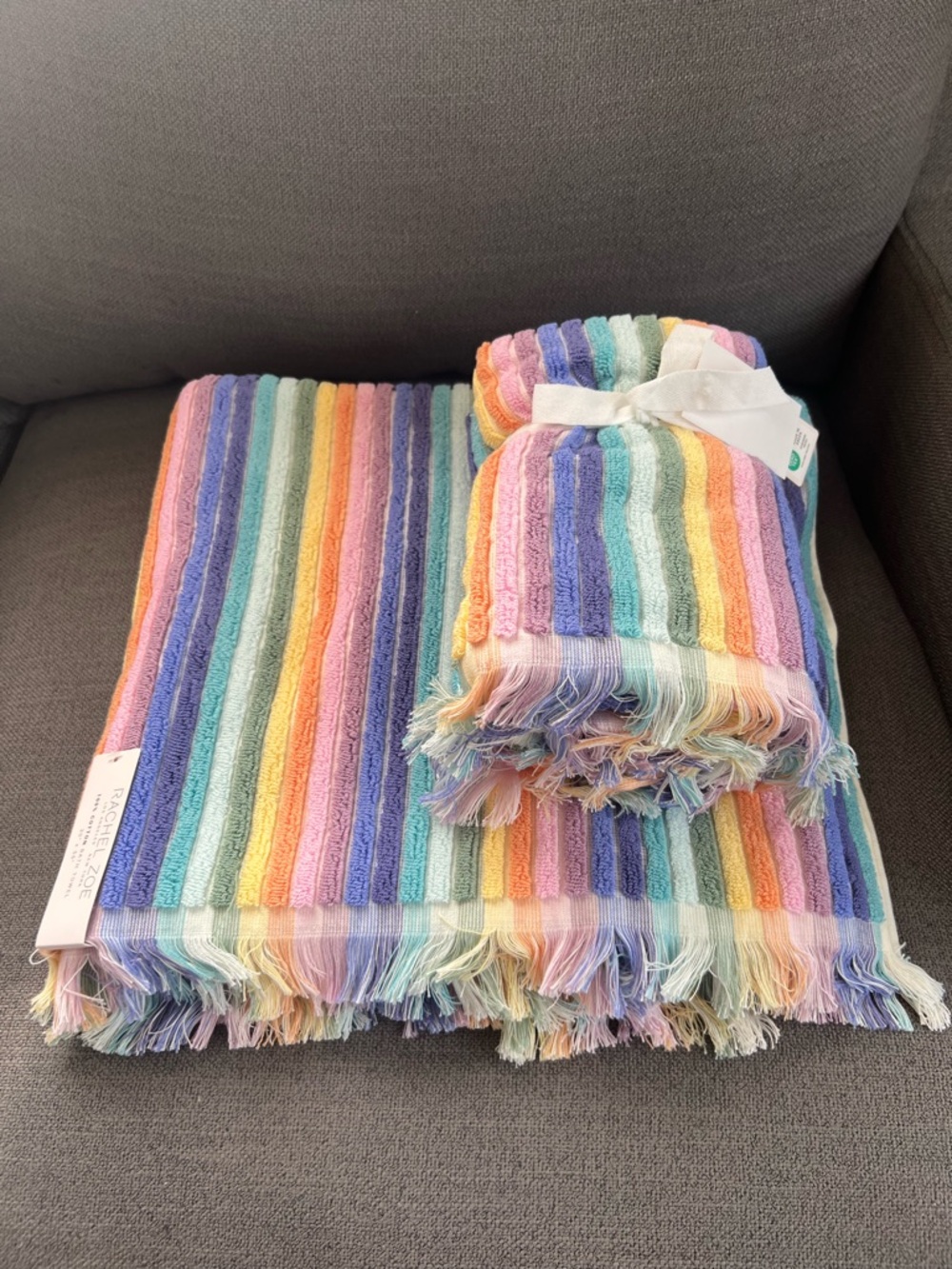 4Pc Rachel Zoe Bath Towels Set Pink  Striped Cotton NEW